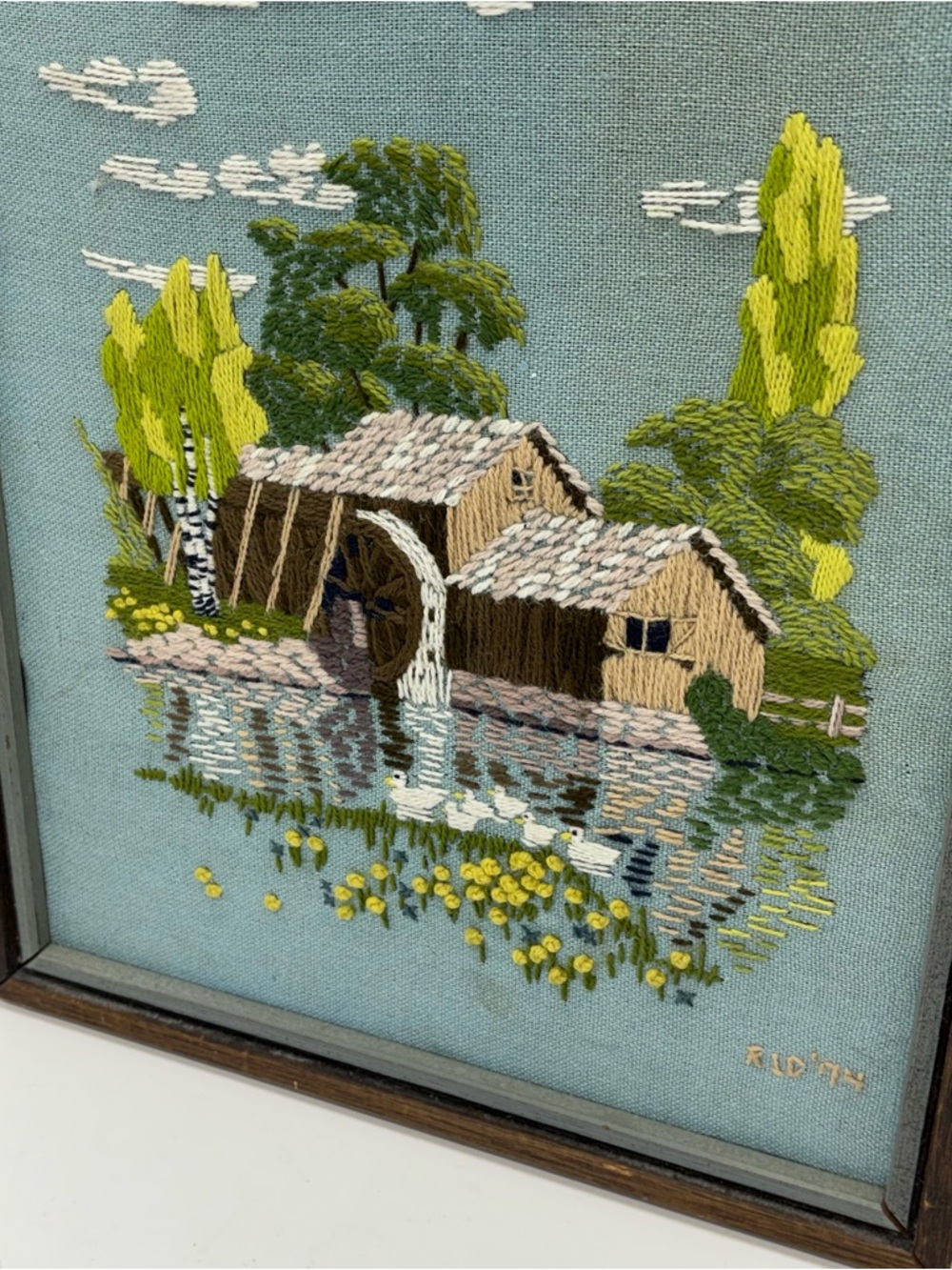 Vtg Framed Needlepoint Picture Crewel Of Dutch Grist Mill Ducks Flowers Cottage - Picture 2 of 9